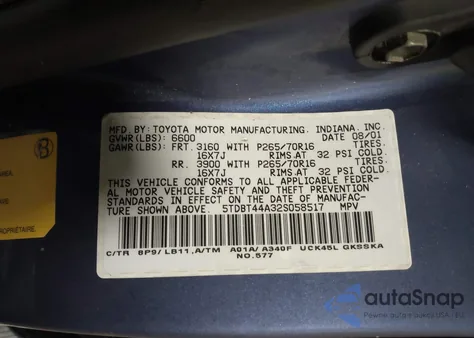 2002 Toyota Sequoia Sr5 V8 from USA, damaged, VIN 5TDBT44A32S058517